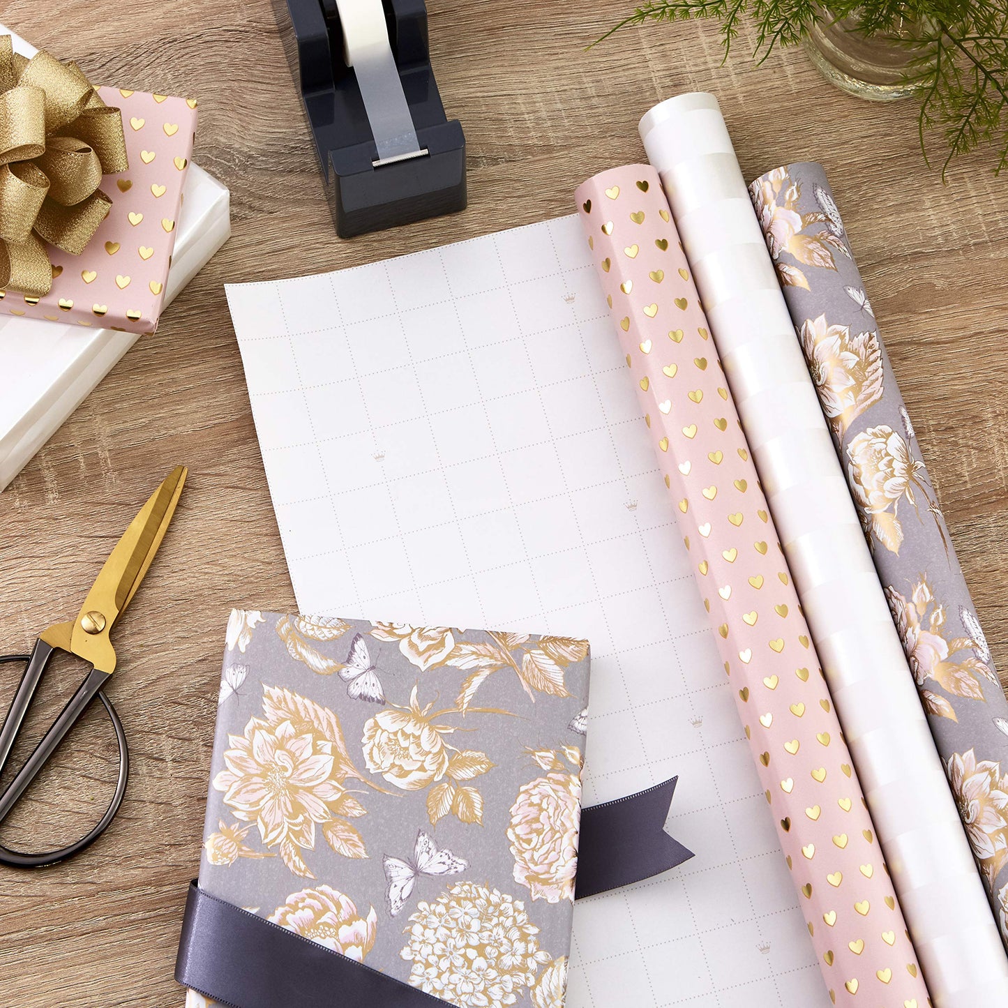 Hallmark Wedding Wrapping Paper Rolls - Gold Hearts, Rose Flowers, White Stripes Gift Wrap Paper (Set of 3 Rolls: 85 sq. ft. ttl) for Bridal Showers, Birthdays, Weddings, Mother's Day, Valentine's Day