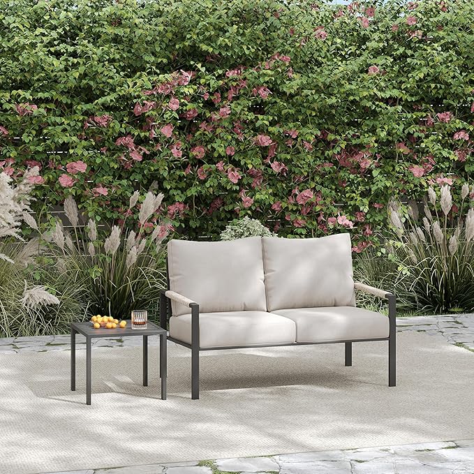 PATIOCHIC 2 Pieces Rattan Outdoor Furniture Set, All-Weather Patio Loveseat with Warm Grey Cushions and Coffee Table for Garden, Backyard, Balcony, Poolside