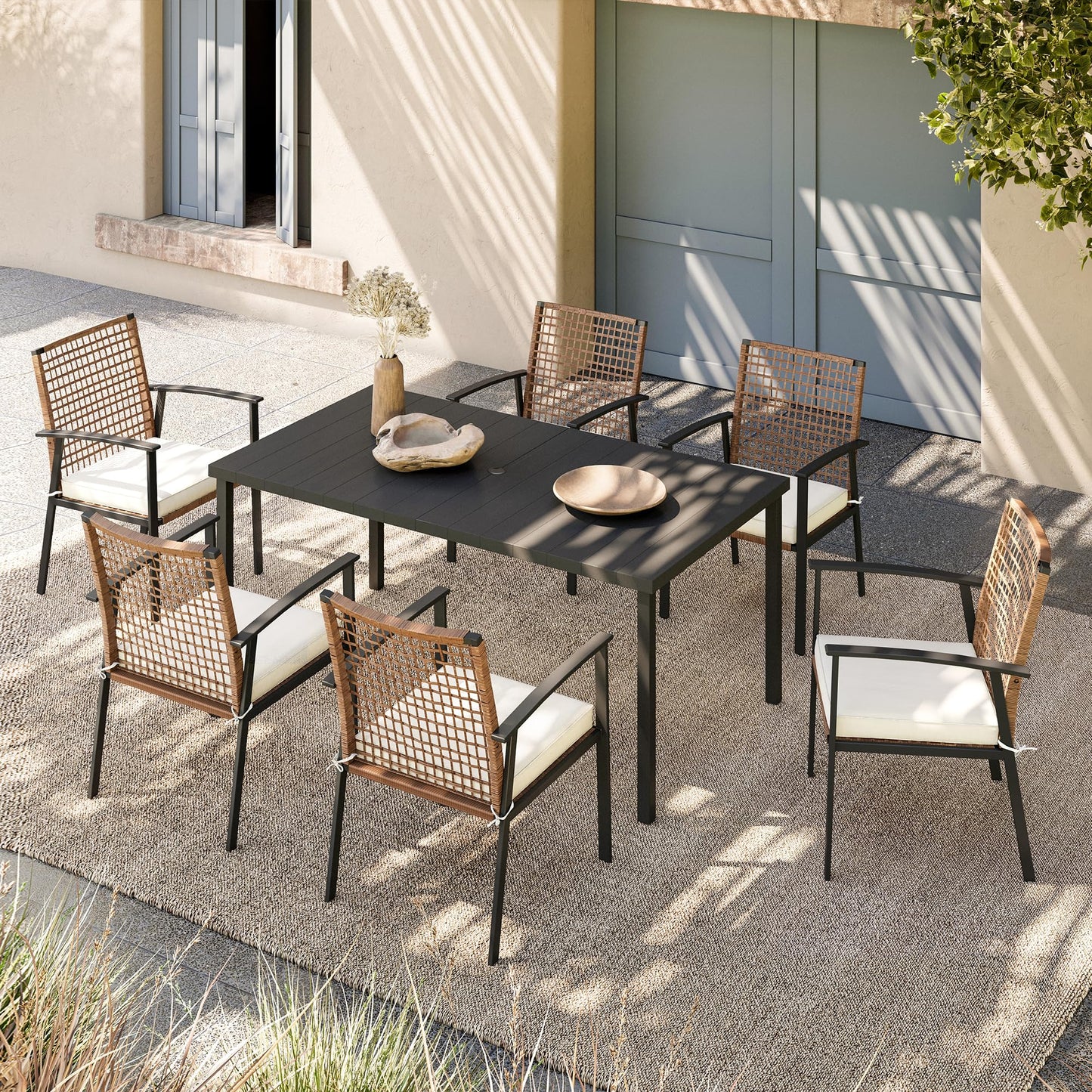 LAUSAINT HOME 7 Pieces Patio Dining Set, Outdoor Furniture Set of 6 Chairs with Soft Cushion and Iron Slats Table Top with Umbrella Hole, Conversation Set for Backyard, Garden and Poolside