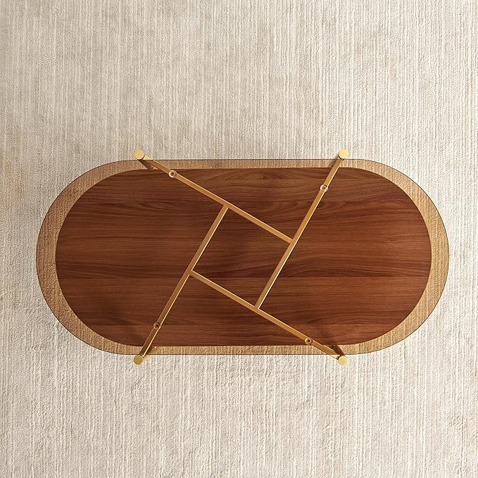Pine Flicker Oval Glass Coffee Table, Mid-Century Modern Design, L42*W22*H17 inch, for Living Room, Amber Glass Top and Walnut Finish Wood Shelf, Conical Metal Legs with Gold Finish