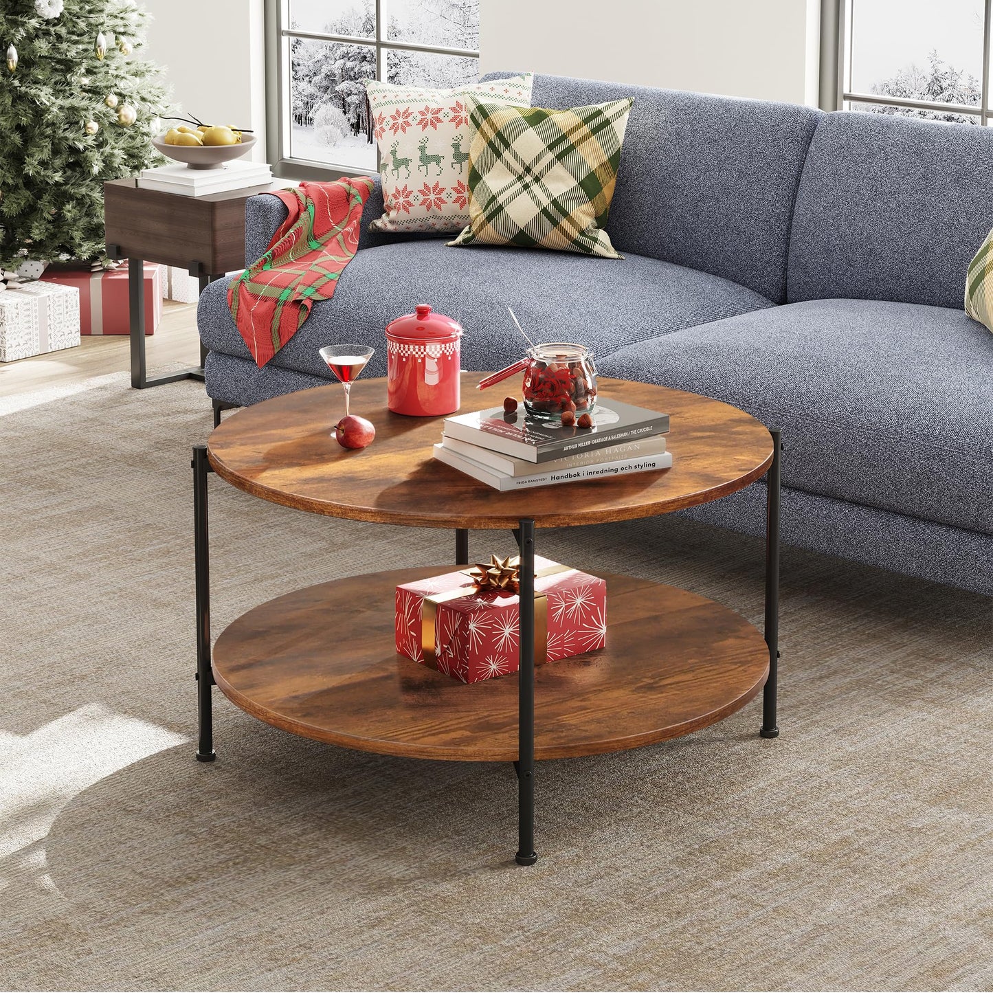 WLIVE Round Coffee Table, 32.6" Small Coffee Table with Storage Shelf, 2-Tier Circle Wood Center Table for Living Room, Apartment, Rustic Brown