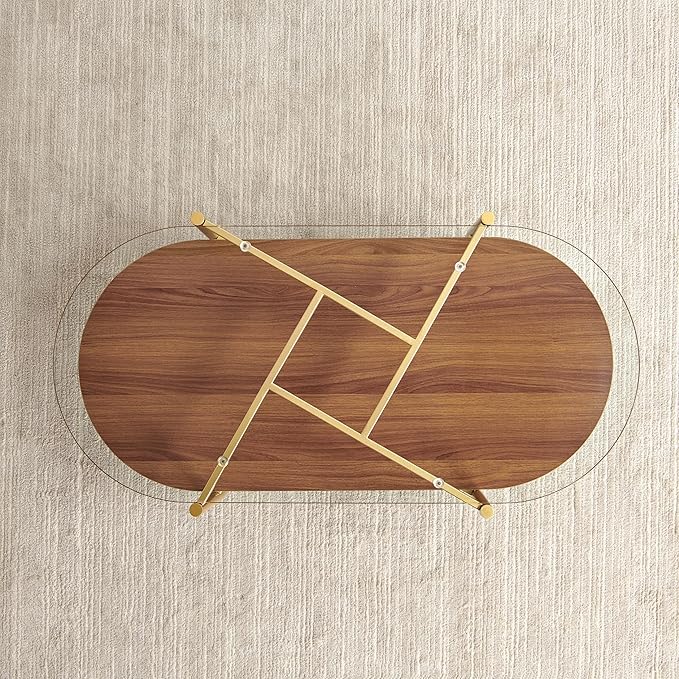 Pine Flicker Oval Glass Coffee Table, Mid-Century Modern Design, L42*W22*H17 inch, for Living Room, Clear Glass Top and Walnut Finish Wood Shelf, Conical Metal Legs with Gold Finish