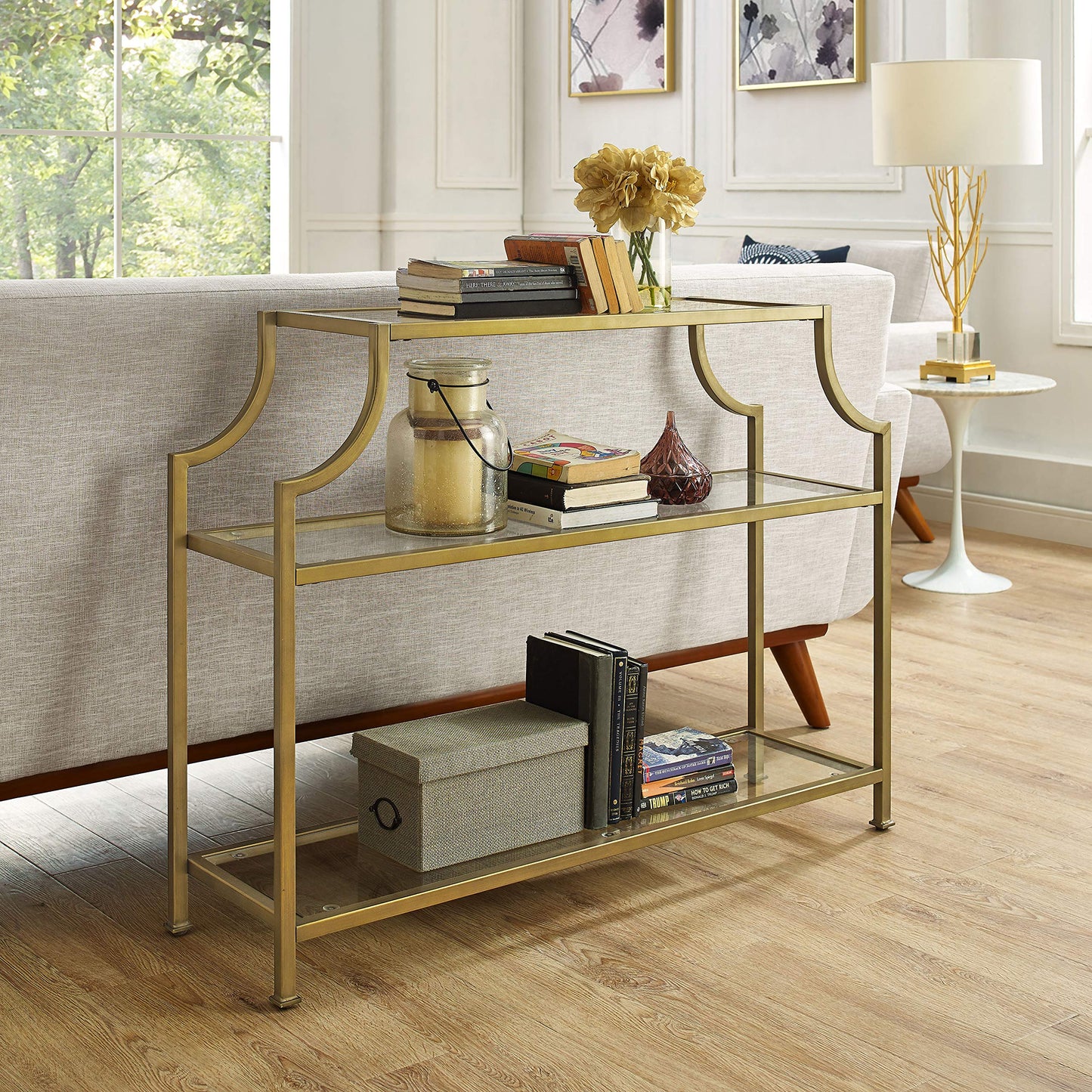 Crosley Furniture Aimee Sofa Console Table with Storage Shelves for Hall, Entryway, or Living Room, Gold and Glass