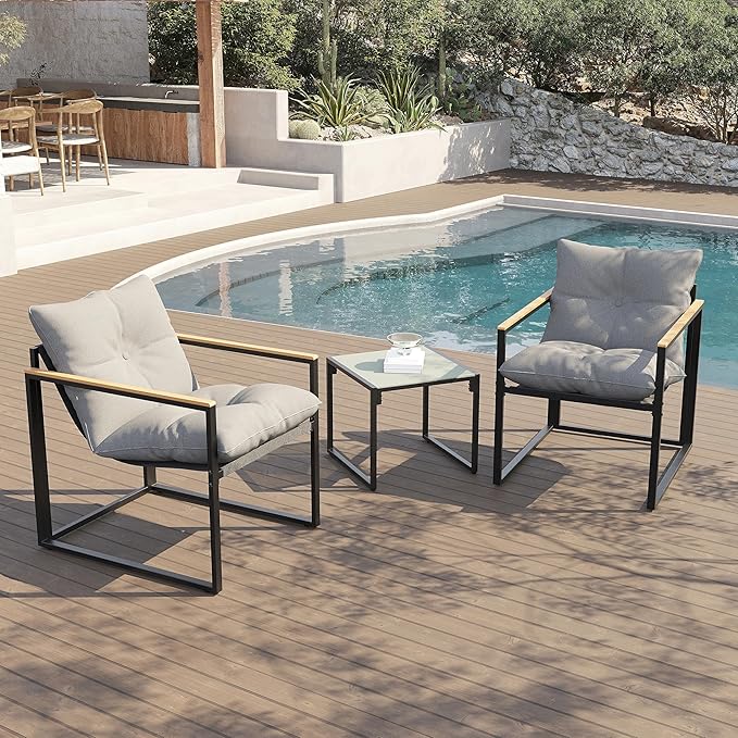 Ophelian 3 Piece Bistro Set Outdoor, Textilene Patio Furniture Set for 2, Apartment Balcony Furniture, Outdoor Chairs with Thick Cushion and Coffee Table,Black/Gray