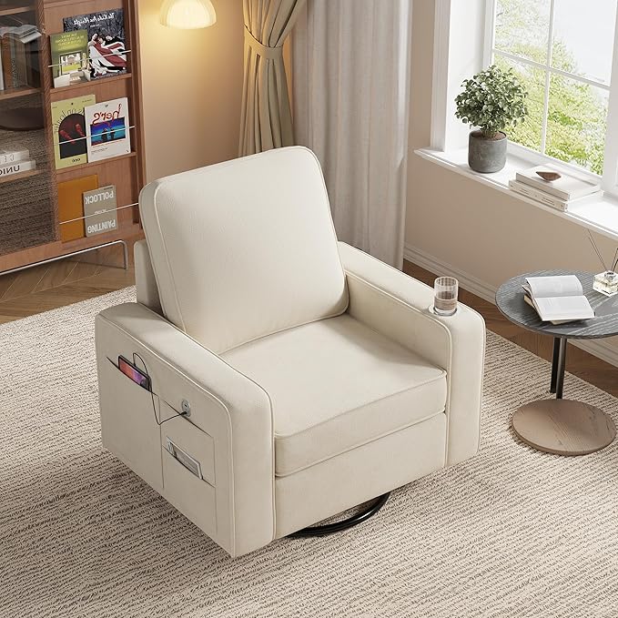 Swivel Square Accent Chair with Wide Armrests,360° Rotating Comfy Single Sofa Chairs with USB/Type-C,Cup Holder & Side Pocket,Modern Armchair for Living Room Bedroom Reading Lounge Nook,Beige White | Swivel Accent Chair, with USB/Type-C, Cup Holder, Si...
