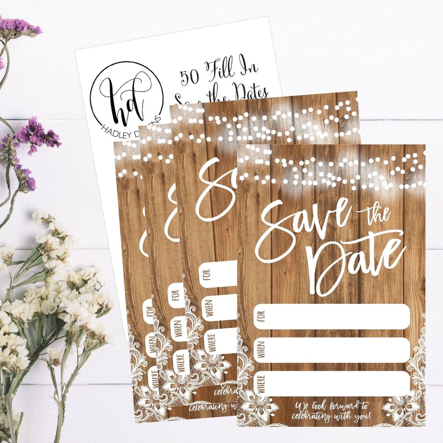Hadley Designs 50 Rustic Save The Date Cards For Wedding, Engagement, Anniversary, Baby Shower, Birthday Party, Etc Save The Dates Postcard Invitations, Simple Blank Event Announcements