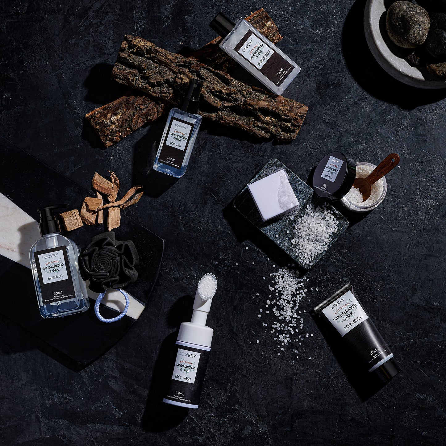 Birthday Gifts Spa Kit for Men - Sandalwood and Oak Scented Bath Gift Set and Shower Gift Basket With Face Wash & Brush, Shower Gel, Bubble Bath, Body Lotion, Body Mist, Handmade Soap, Salts & Puff