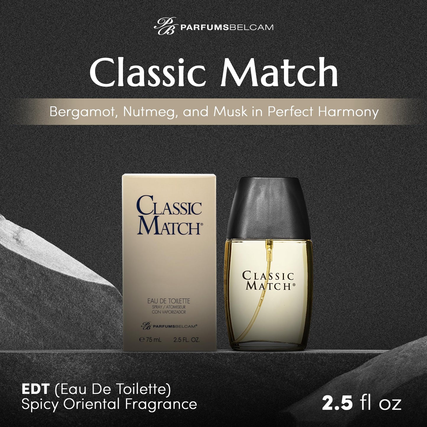 PB ParfumsBelcam Classic Match Eau de Toilette Spray for Men – Warm Oriental Scent with Bergamot, Nutmeg & Musk – Long-Lasting Cologne for Men, Affordable Luxury Signature Fragrance, 2.5 Fl Oz