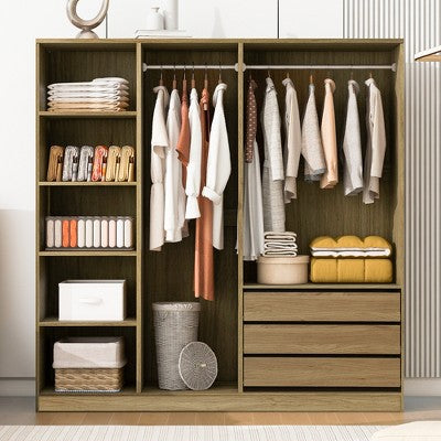 GDFStudio Howar 67"W Doorless Wooden Storage Wardrobe with Shelves,Hanging Rods and Drawers