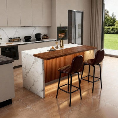 Modern Black Kitchen Island Dining Table with LED Lights and 2 Brown Bar Stools, Faux Marble Counter Height Set for Eat-in Kitchen-3irtyhousy