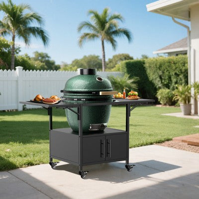 ORRD Big Green Egg Table Cart w/ Storage Box & Folding Side Shelves | Compatible with Large Kamado Joe Jr Grill | Outdoor BBQ Island