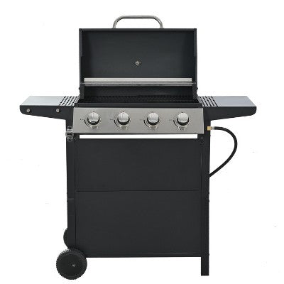 CAVINAS 4-Burner Propane Gas BBQ Grill,34000BTU Output Outdoor Grill with Wheels&Foldable Side Table,Enameled Cast Iron Cooking Grids
