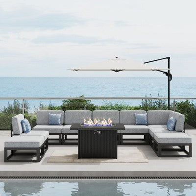 LayinSun 10-Piece Large Outdoor Modular L-Shaped Sectional Set with Propane Fire Pit Table