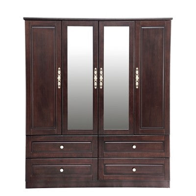 Keloyid Seusar Brownish Black Wood 61.42 in. Armoire with 4 Drawers, 2 Mirror, Hanging Rod and Shelves