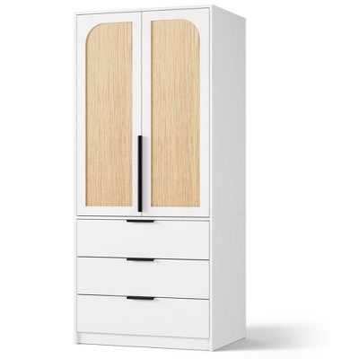 Wardrobe Cabinet with Hanging Rod & 3 Drawers, 69.5" Wooden Storage Cabinet with Rattan Doors, Clothing Cabinet for Bedroom Organization
