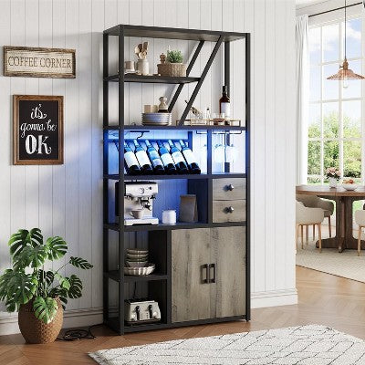 Wine Bar Cabinet, Tall Coffee Bar Station with Power Outlets and Wine Rack, Kitchen Microwave Stand Bakers Rack Cabinet for Living Room