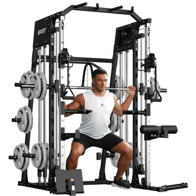 Smith Machine for Home Gym, Multifunctional Strength Training Power Cage with T Bar, LAT-Pull Down System and Cable System, 2200 Lbs Squat Rack