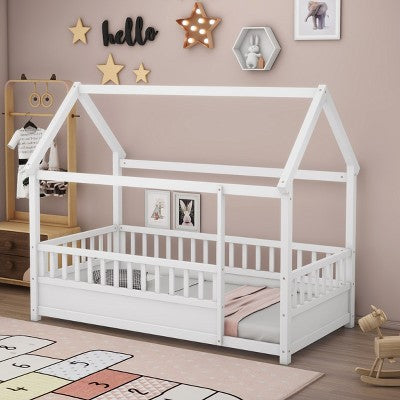 CAVINAS Twin/Full Size House-Shaped Floor Bed for Kids,Wooden Canopy Toddler Bed Frames,Floor Bed for Kids,Girls&Boys,No Box Spring Needed