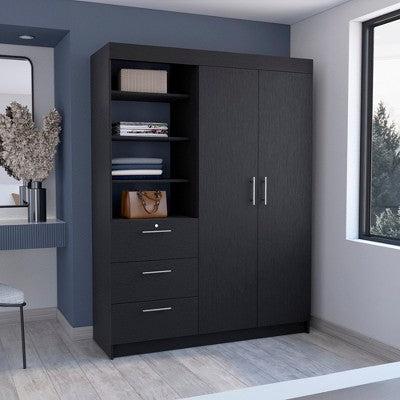 Tiramisubest 3 Drawers Armoire, Double Door, 3-Tier Shelf -Black