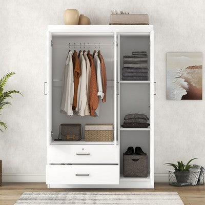 Whisen Wood 3-Door Wardrobe Armoire with Hanging Rod, 2-Drawers, and Storage Shelves