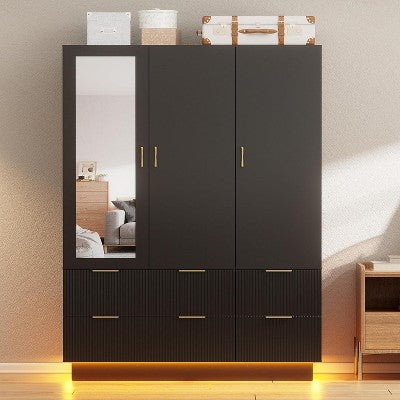 PAKASEPT Black Armoire Wardrobe Closet with 3 Door, Mirror, LED Lights, Hanging Rod and 6 Drawers