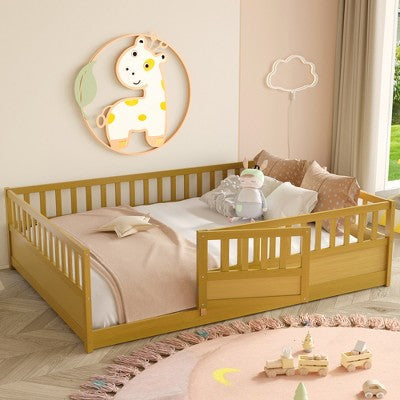 Lyngins Twin/Full Size Toddler Floor Bed,Montessori Floor Bed with High Security Barrier and Door,Floor Bed Frame for Bedroom,Wood Slats Support