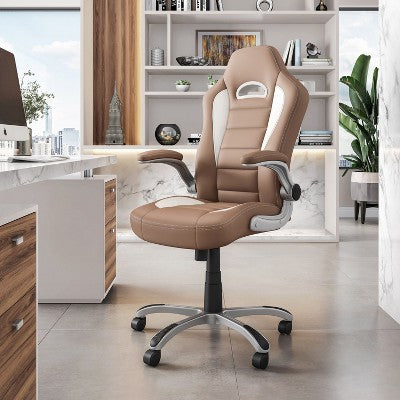 Okak Ergonomic Gaming Chair, Executive Office Chair with Flip-Up Arms and Universal Wheels, Comfy Chair for Gaming Room, Study, Brown