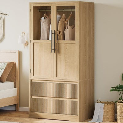 Wooden Armoire Wardrobe, Freestanding Closet Cabinet with 2 Drawers, Shelves & Hanging Rod for Bedroom (Natural)