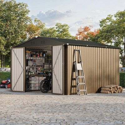 10x10 FT Outdoor Storage Shed, Large Metal Garden Shed with Lockable Door, All-Weather Galvanized Steel Tool Shed for Backyard Patio Lawn
