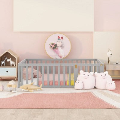 Okak Montessori Solid Wood Floor Bed Twin/Full/Queen Size,Low-Profile Bed Frame with Safety Rails, Kids Playroom Bed with Heightened Fence