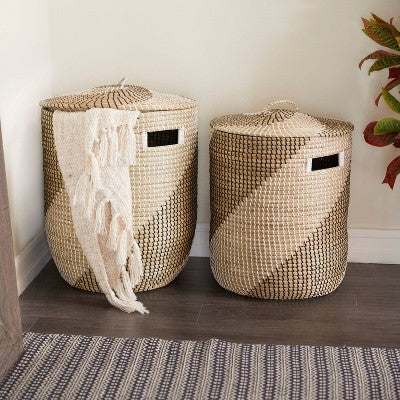 Set of 2 Contemporary Sea Grass Storage Baskets Brown - Olivia & May: Wicker Toy Storage, Tall Decorative Seagrass Baskets