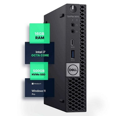 Refurbished Dell OptiPlex 5070 Micro Computer-Octa Core Intel i7 (2.0)-8GB DDR4 RAM-250GB NVMe-Windows 11 Pro-Manufacturer Refurbished