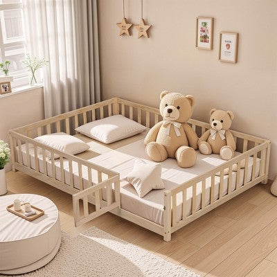 CAVINAS Full Size Platform Bed Frame with Door & Fence,Wooden Floor Bed for Kids Room,Bedroom