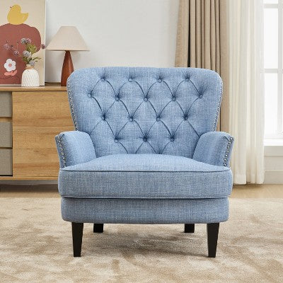 Vintage-Inspired Upholstered Lounge Chair with Nailhead Trim ,Solid Wood Legs for Stability and Elegant Curved Backrest for Comfort