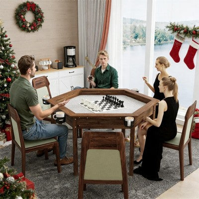 JVNOXKHexagonal Detachable Tabletop Board Game Table with Rotating Cup Holder, Solid Wood Legs(No chairs included)-Rustic Brown