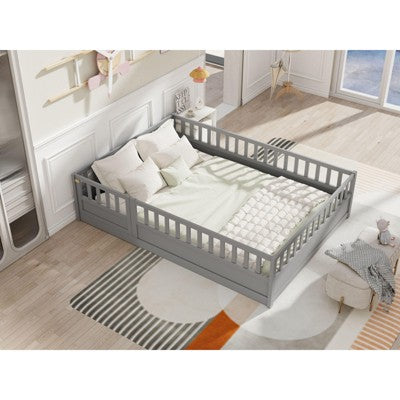 CAVINAS Full Size Floor Beds for Kids,Wooden Toddler Bed with Support Slat,Fence&Door,Children's Floor Bed for Girls,Boys,Box Spring Required