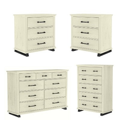 Festivo 4pc Contemporary Bedroom Chest Dresser and Nightstand Set Saw Cut Off-White: Includes Storage & Horizontal Dresser