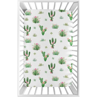 Sweet Jojo Designs Girl Baby Fitted Mini Crib Sheet Cactus Floral Pink Green and White