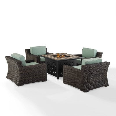 Beaufort 5 Pc Outdoor Wicker Chair Set 4 Chairs with Fire Table Mist/Brown - Crosley