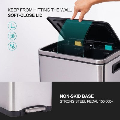 30 Liter/8 Gallon Dual Compartment Trash Can, Rectangle Stainless Steel Garbage Bin with Removable Inner Bucket