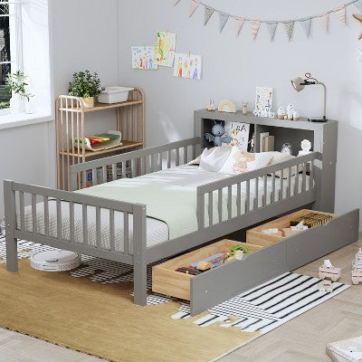 TiramisuBest Full Kids Bed Frame, Toddler Bed with Guardrails and Storage Drawers Solid Wood Platform for Minimalist Bedroom, Gray