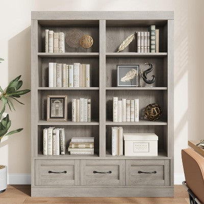 Acekool Bookcase 64" Tall Double-Wide 4-Tier Shelf with 3 Drawers, Deep Storage for Living Room, Office, Bedroom, 47.2"W x 11.8"D
