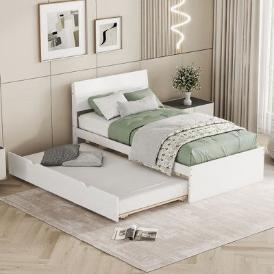 Okak Platform Bed Frame with Twin Trundle Modern Bed with High Gloss Headboard Strong Wood Slats No Springs Required Easy to Assemble