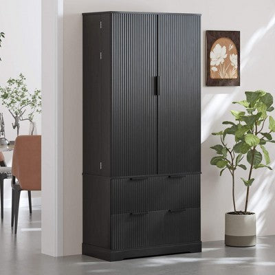 ORRD 72" Modern Black Kitchen Pantry Cabinet with Drawers & Spice Rack