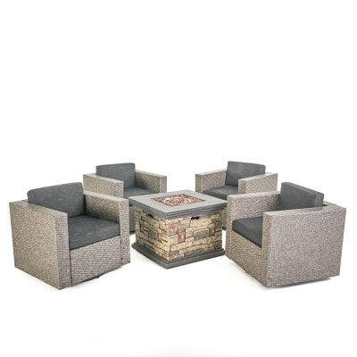 GDFStudio Venice Outdoor Wicker 5 Piece Swivel Club Chair and Fire Pit Set
