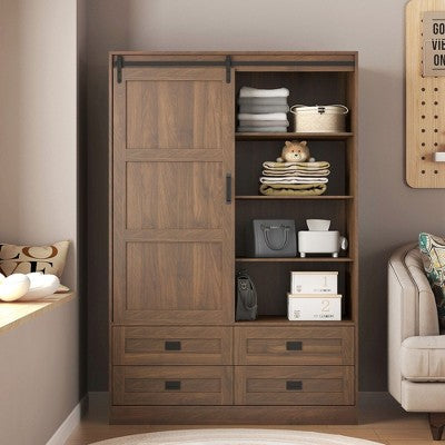 CAVINAS Wardrobe Closet,Armoire Wardrobe Closet with Hanging Rod,Sliding Barn Door,4 Drawers,3 Open Shelves,Wardrobe Cabinet for Bedrooms