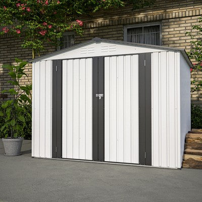 Gulches 8 x 6 ft Outdoor Storage Shed, All Weather Metal Sheds with 2 Lockable Doors, Tool Shed for Garden, Backyard, Lawn,White