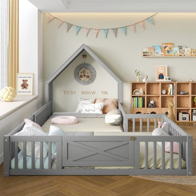 Sapphtopaz Wooden House Floor Bed Frame for Kids with Roof & Guardrails Double Platform Bed for Kids Bedroom, Playroom, Nursery