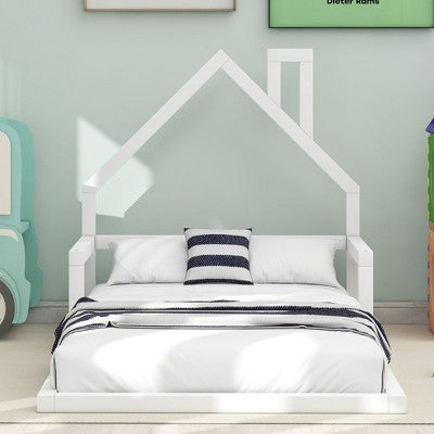CAVINAS Kids Toddler Bed with House-shaped Headboard,Twin/Full Size Floor Bed,Montessori Bed for Bedroom Playroom,White/Brown
