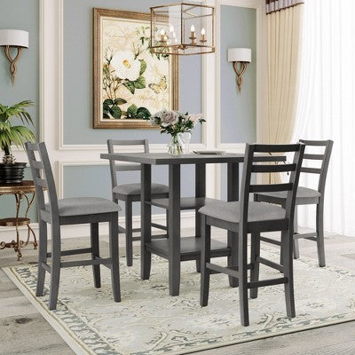 Farmhouse 5 Pieces Wooden Counter Height Dining Set for 4, Square Table with Storage Shelving and Padded Chairs for Small Space